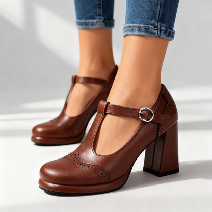 Sylvia Brogue Loafers – Vintage Inspired Buckle Strap Block Heels with Comfortable Fit