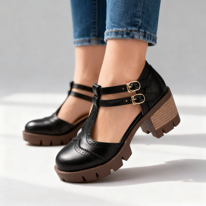 Sally Brogue Loafers – Vintage-Inspired Twin-Buckle Block Heels with Comfortable Fit
