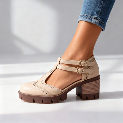 Sally Brogue Loafers – Vintage-Inspired Twin-Buckle Block Heels with Comfortable Fit