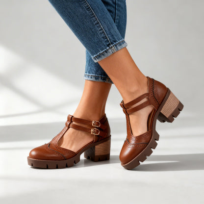 Sally Brogue Loafers – Vintage-Inspired Twin-Buckle Block Heels with Comfortable Fit