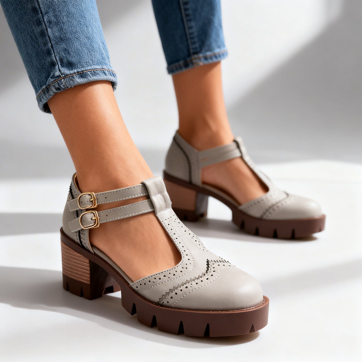 Sally Brogue Loafers – Vintage-Inspired Twin-Buckle Block Heels with Comfortable Fit