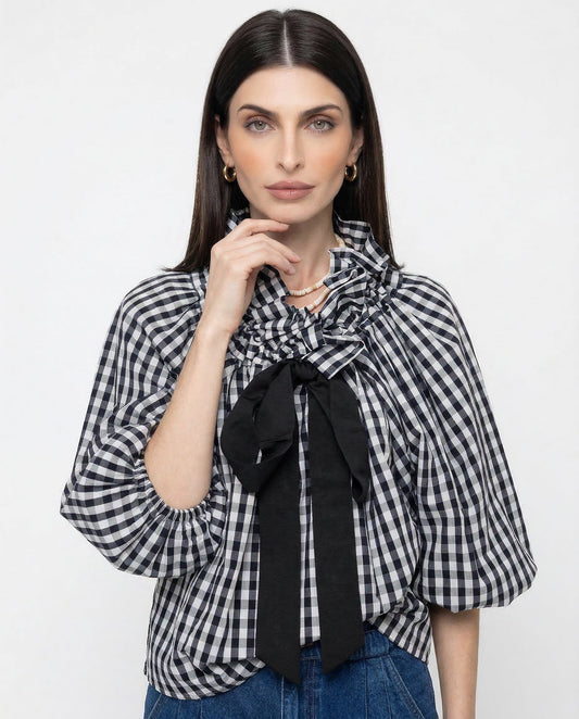 Elowenne Ruffle Tie Neck Cotton Blouse