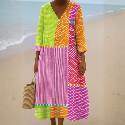 Fátima - Vestido de Patchwork Colorido con Bolitas y Rayas