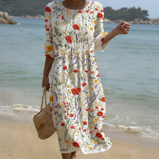 Cristina - Vestido Maxi de Cuello Redondo con Estampado Floral