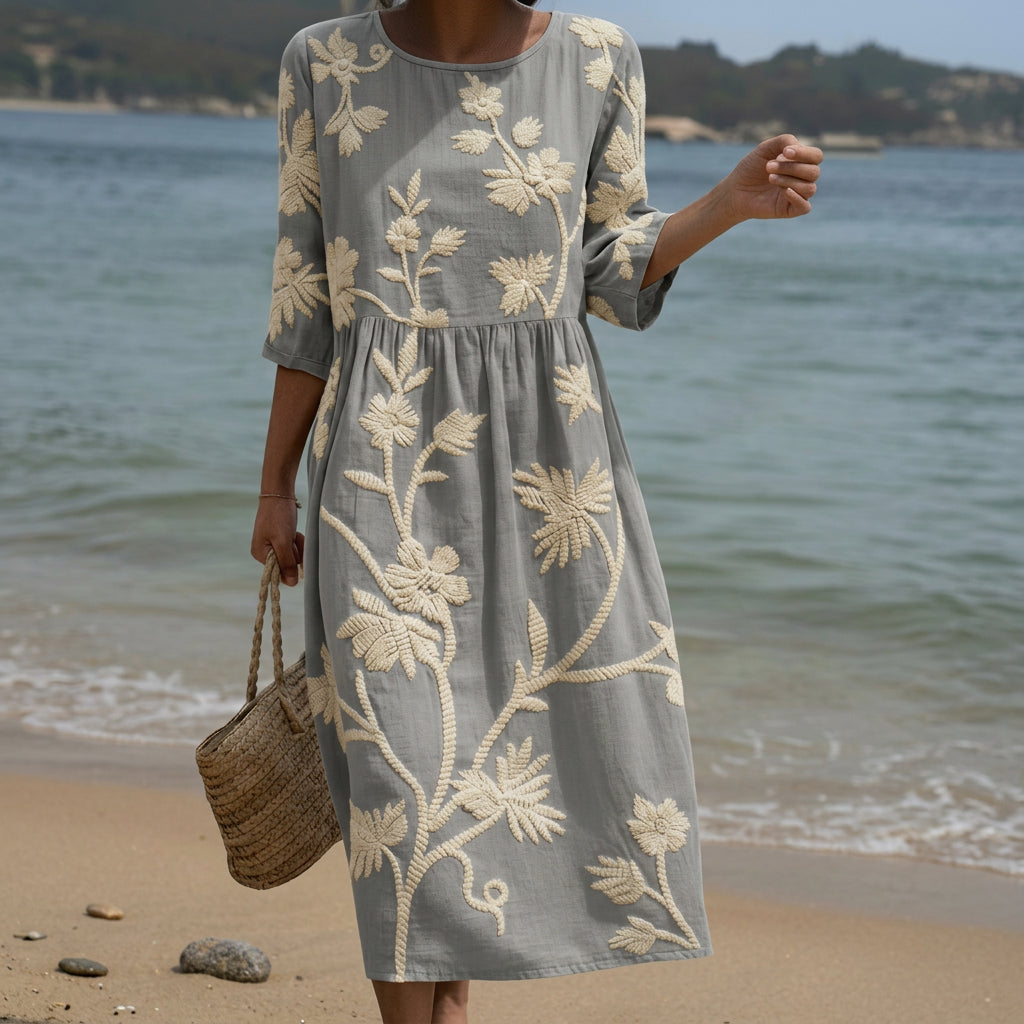 Ana - Robe Midi avec Imprimé de Plantes et Fleurs