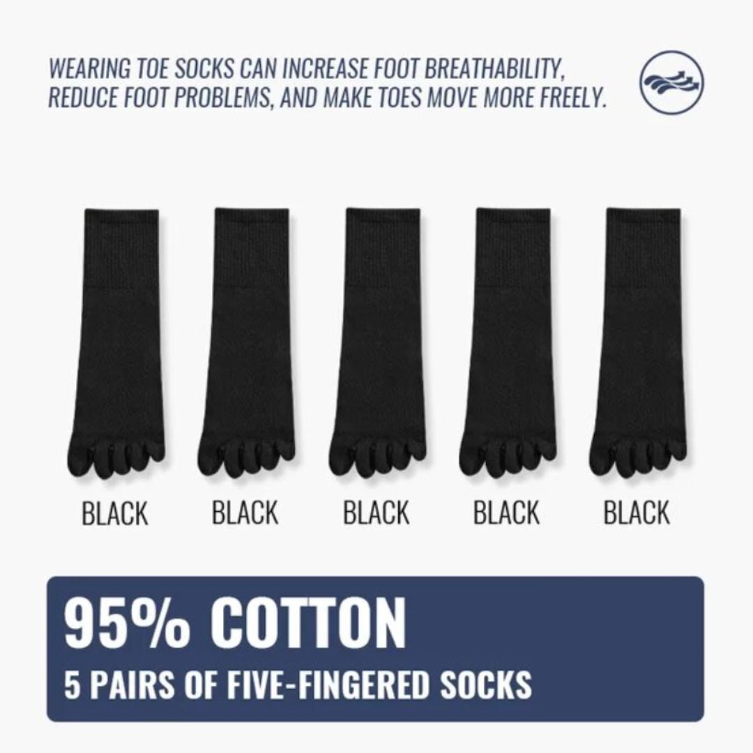 Fünf Paar schwarze Zehensocken aus 95% Baumwolle, atmungsaktiv, fußfreundlich.