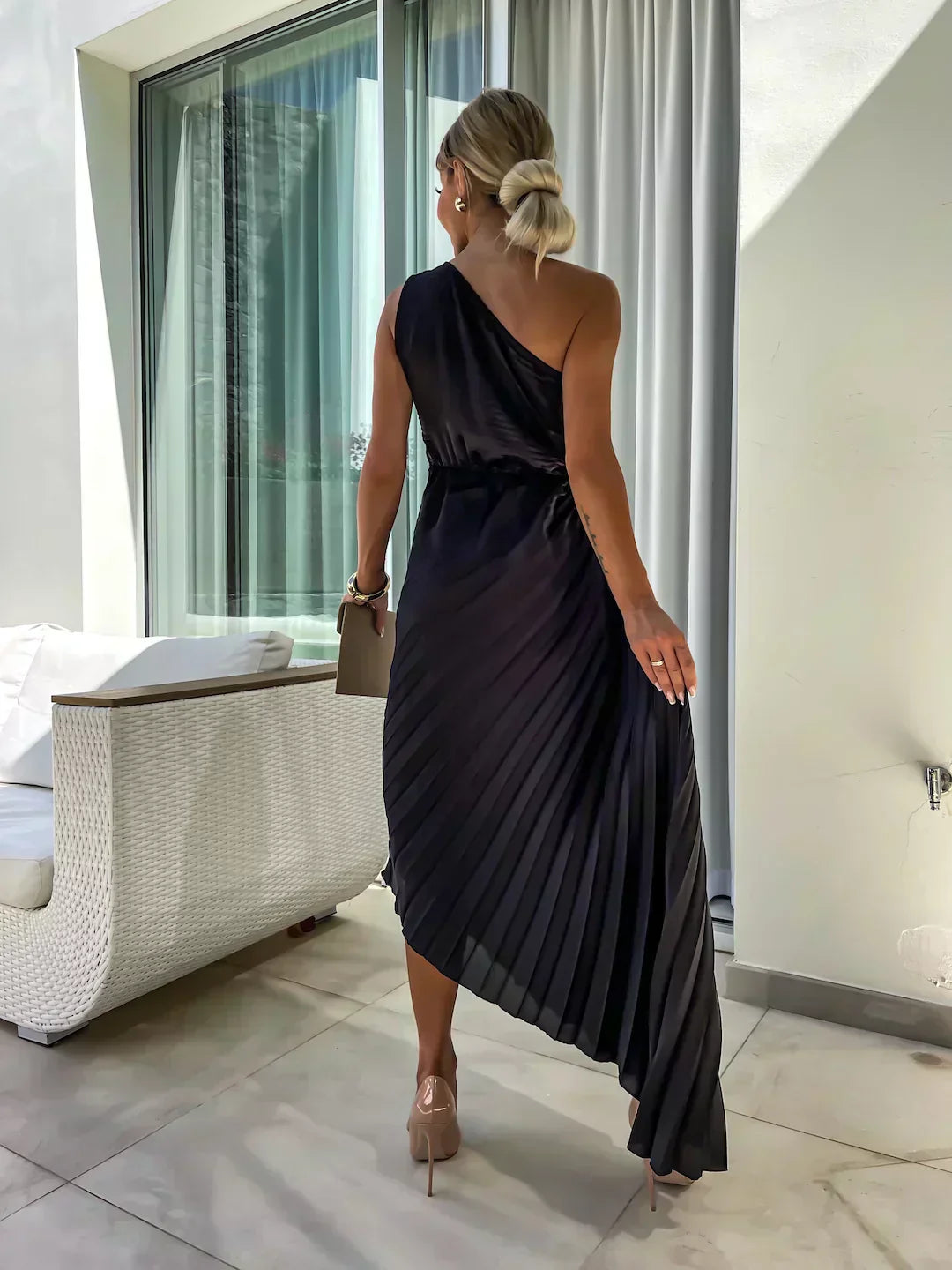 Women's Pleated One Shoulder Midi Dress