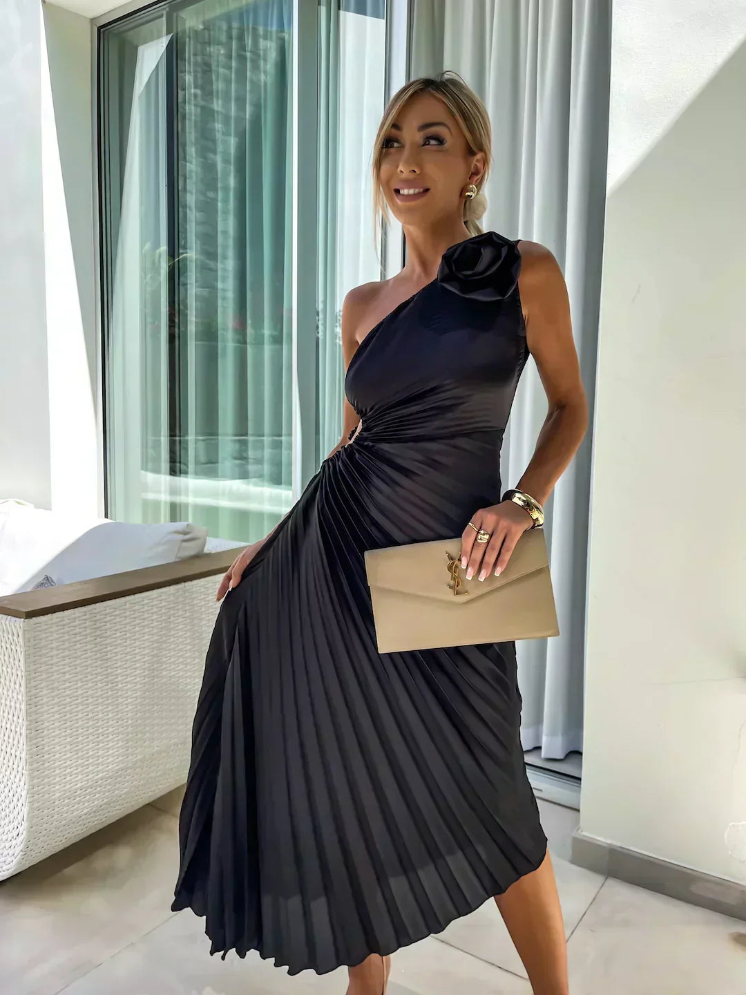 Women's Pleated One Shoulder Midi Dress
