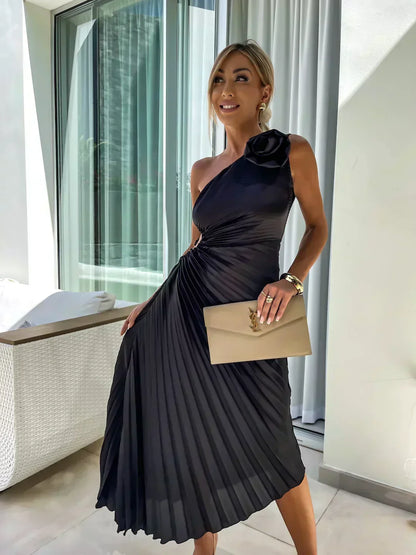 Women's Pleated One Shoulder Midi Dress