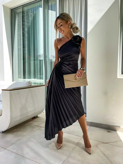 Women's Pleated One Shoulder Midi Dress