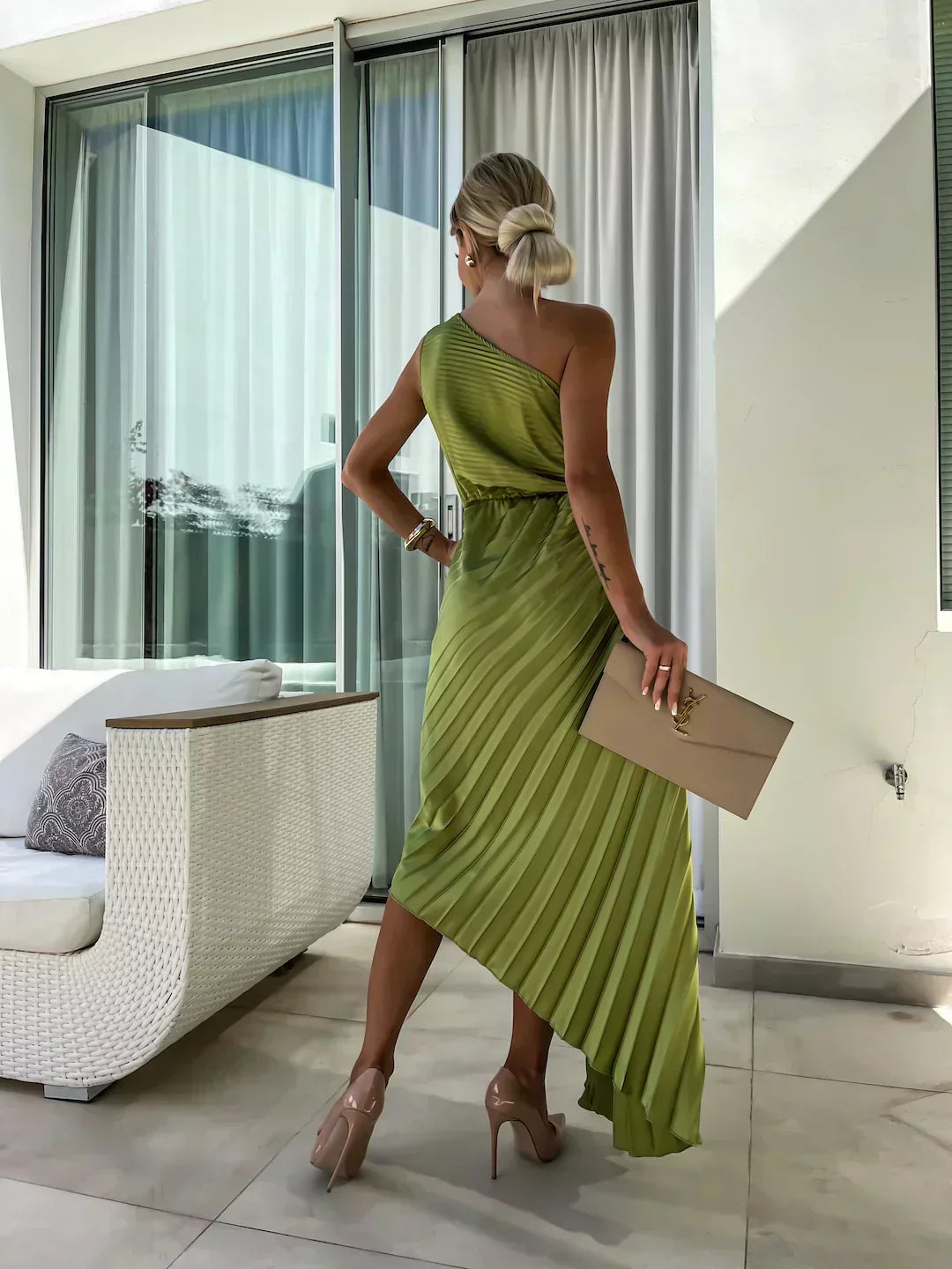 Women's Pleated One Shoulder Midi Dress