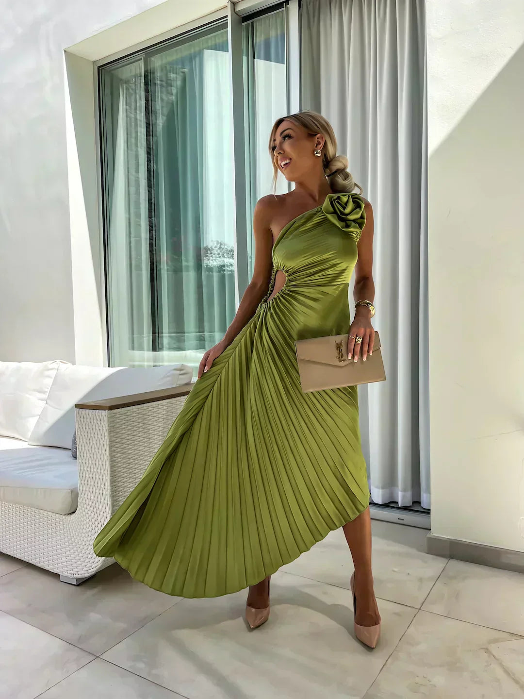 Women's Pleated One Shoulder Midi Dress