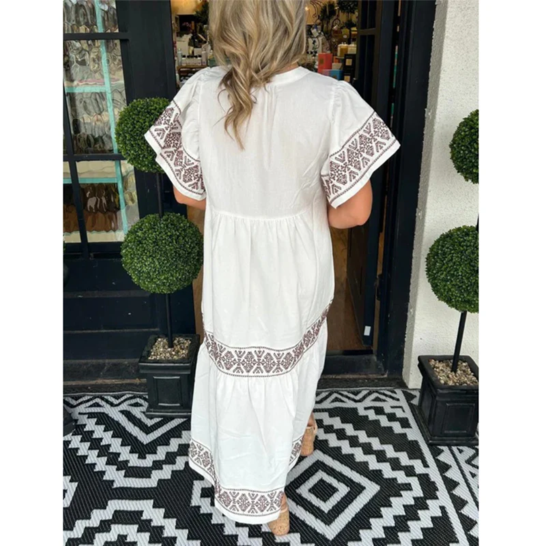 Galina | Damen Modernes Sommerkleid Midi Boho mit V-Ausschnitt