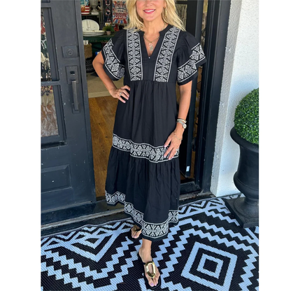 Galina | Damen Modernes Sommerkleid Midi Boho mit V-Ausschnitt