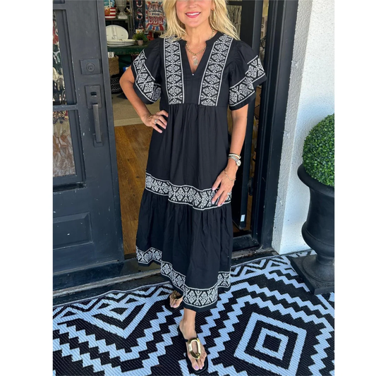Galina | Damen Modernes Sommerkleid Midi Boho mit V-Ausschnitt