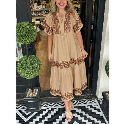 Galina | Damen Modernes Sommerkleid Midi Boho mit V-Ausschnitt