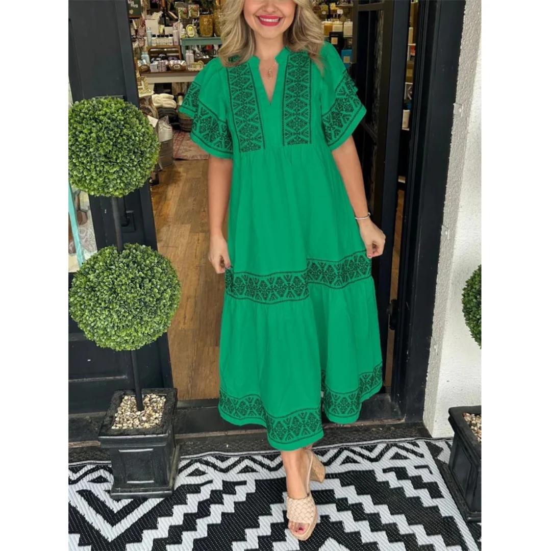 Galina | Damen Modernes Sommerkleid Midi Boho mit V-Ausschnitt
