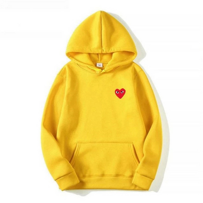 Gelber Damen-Hoodie mit rotem Herz-Emblem, Baumwolle, Kapuze, Kängurutasche.