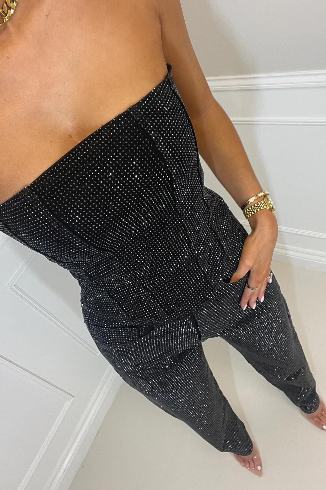 Glittering women's trouser set with high-waist jeans – Liora-Black-S-Nora Luxe