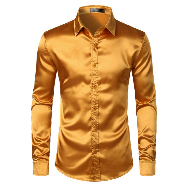 Goldenes Satinhemd für Herren, langärmelig, Slim Fit, ideal für Partys und formelle Anlässe.