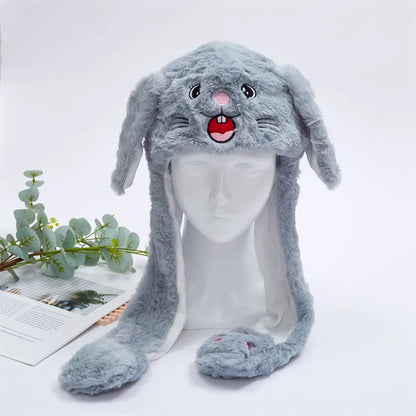 Graue Plüschmütze mit Hasenohren, niedliches Design, Winteraccessoire, Kinder, Erwachsene.