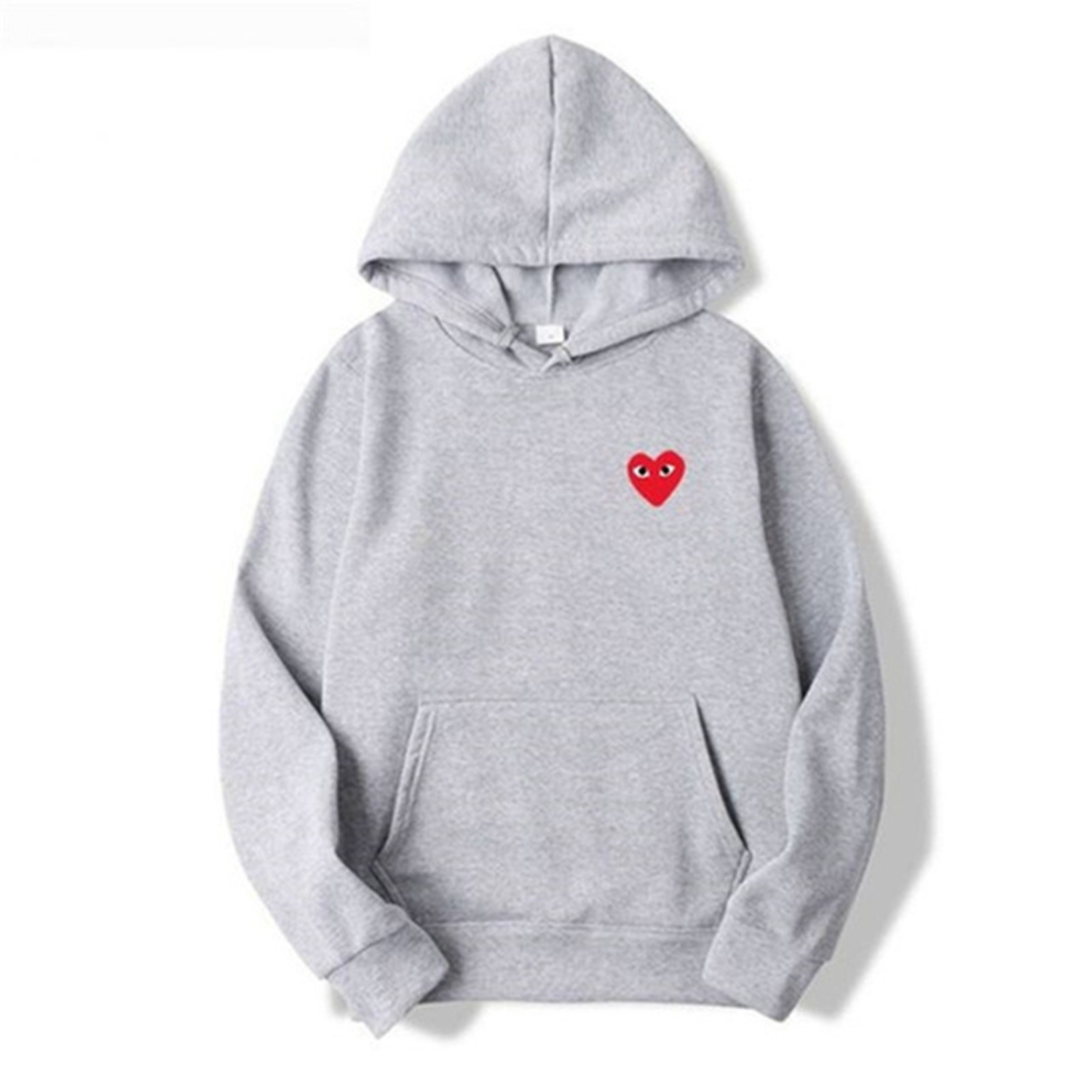Grauer Damen-Hoodie mit rotem Herz-Design, Baumwolle, Kapuze, Kängurutasche.
