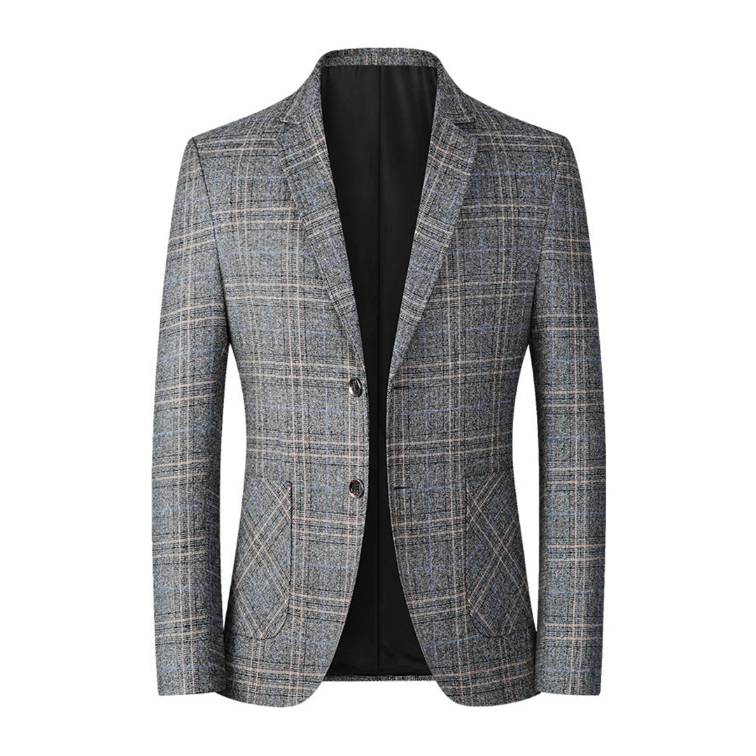 Grauer Herrenblazer kariert, Freizeitmode, eleganter Anzug, hochwertiger Stoff, stilvoll.