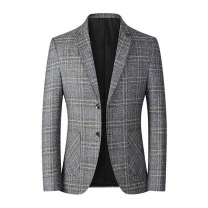Grauer Herrenblazer kariert, Freizeitmode, eleganter Anzug, hochwertiger Stoff, stilvoll.