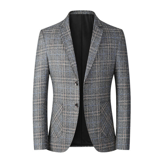 Grauer Herrenblazer kariert, Freizeitmode, eleganter Anzug, hochwertiger Stoff, stilvoll.