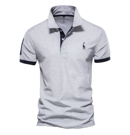 Graues Herren-Poloshirt, Kurzarm, Baumwolle, mit Kragen, Stickerei, Freizeitmode.