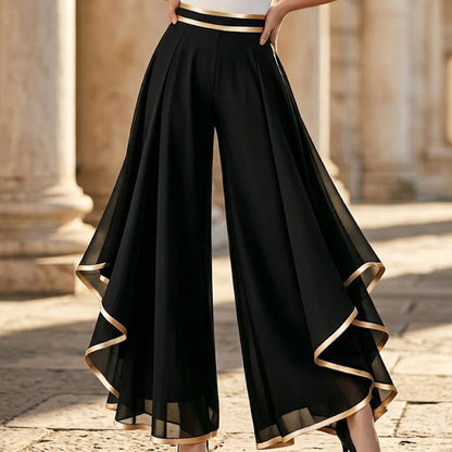 Graziella Aurozzi Stylish Gold-Trimmed Flowy Chiffon Trousers - front main product view