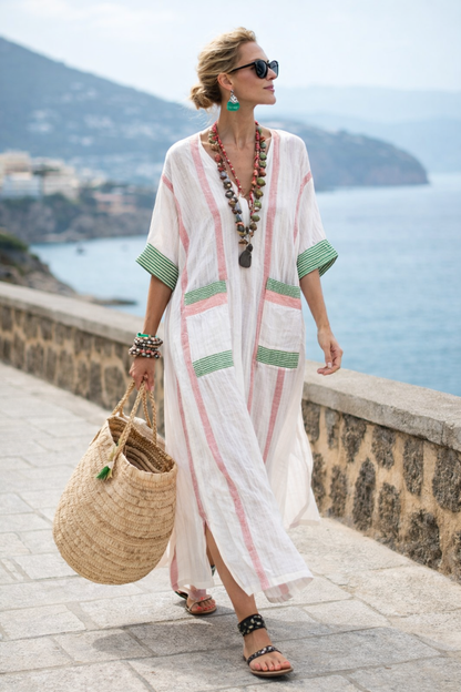 Ella - Airy Beach Dress with V-Neck and Stripes