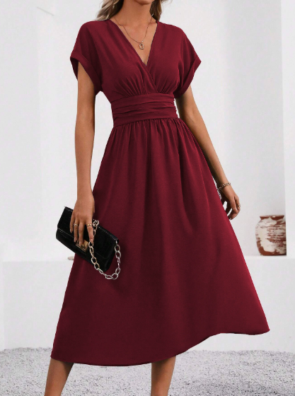 Damen V-Ausschnitt Plissiertes Kleid | Midi
