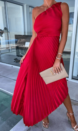 Yasmine – Robe midi asymétrique à une épaule avec plis femme
