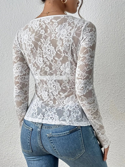 Elegantes Spitzen-Kleid Damen Langarm V-Ausschnitt
