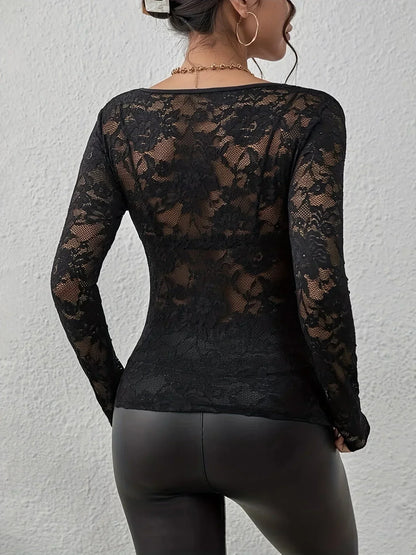 Elegantes Spitzen-Kleid Damen Langarm V-Ausschnitt