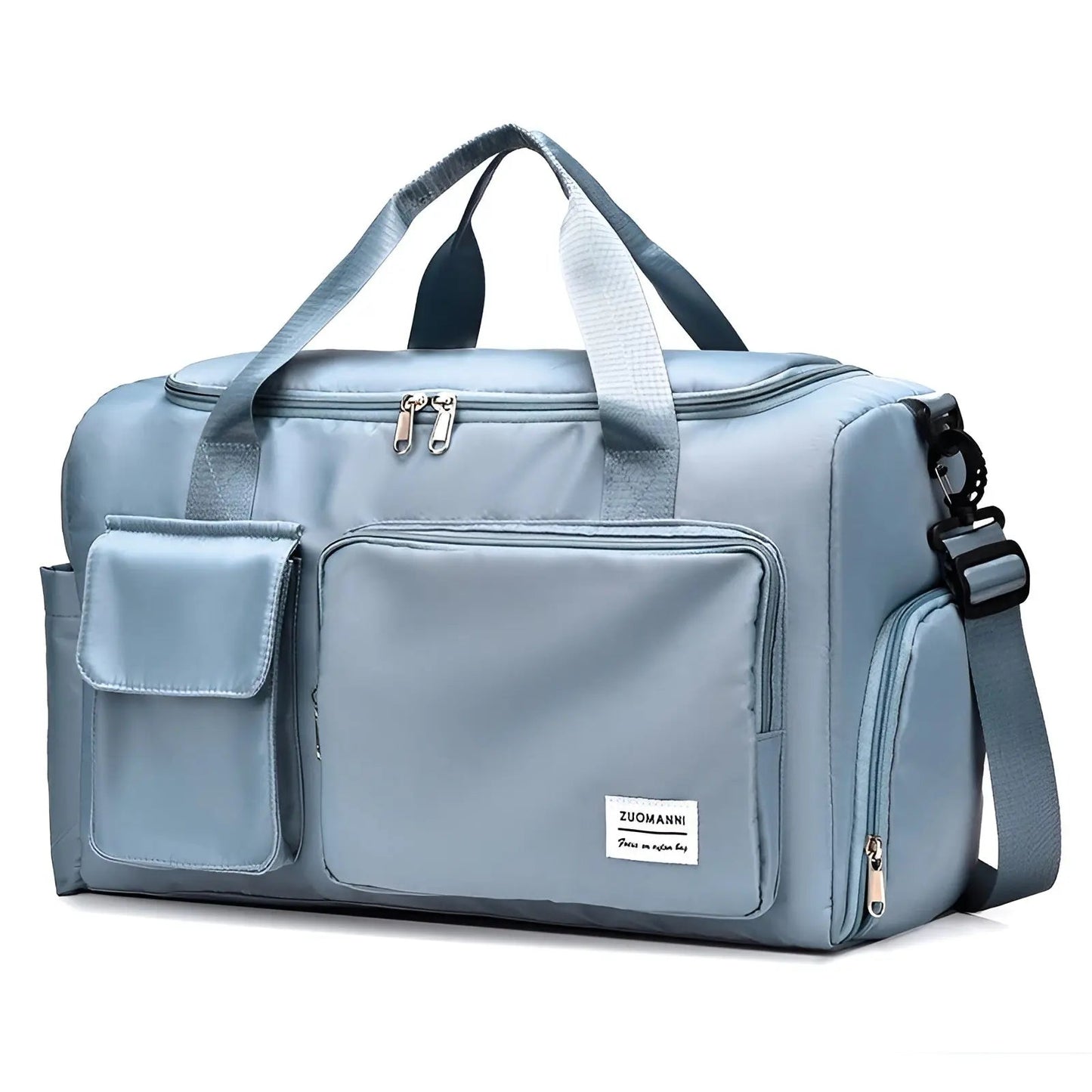 Hellblaue Reisetasche mit mehreren Fächern, verstellbarem Schultergurt und Reißverschlüssen.