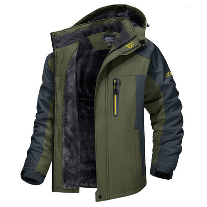 Wasserdichte Herren-Winterjacke, olivgrün, mit Kapuze und Fleece-Innenfutter, Outdoor-Bekleidung.