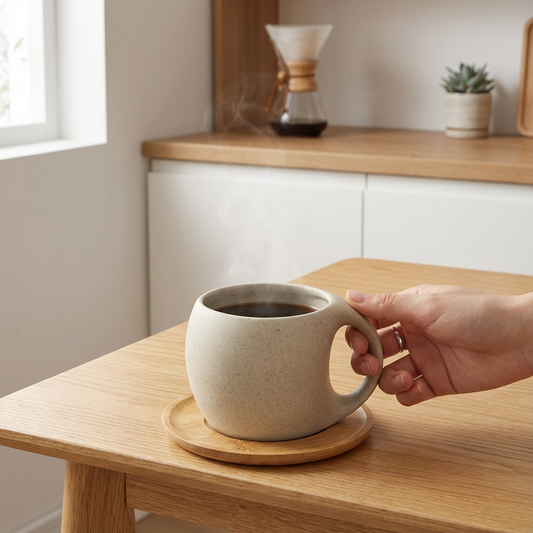 Keramik-Kaffeetasse mit Holzuntersetzer