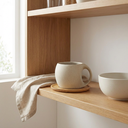 Keramik-Kaffeetasse mit Holzuntersetzer