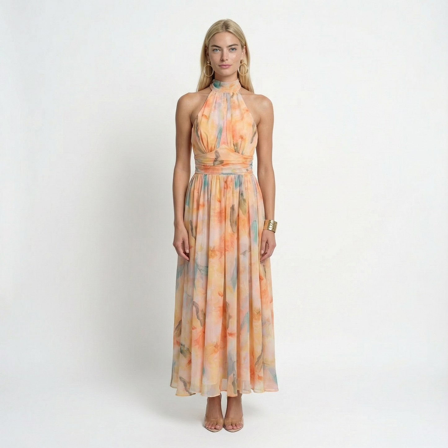Watercolour Print Halter Maxi Dress Open Back Summer Holiday
