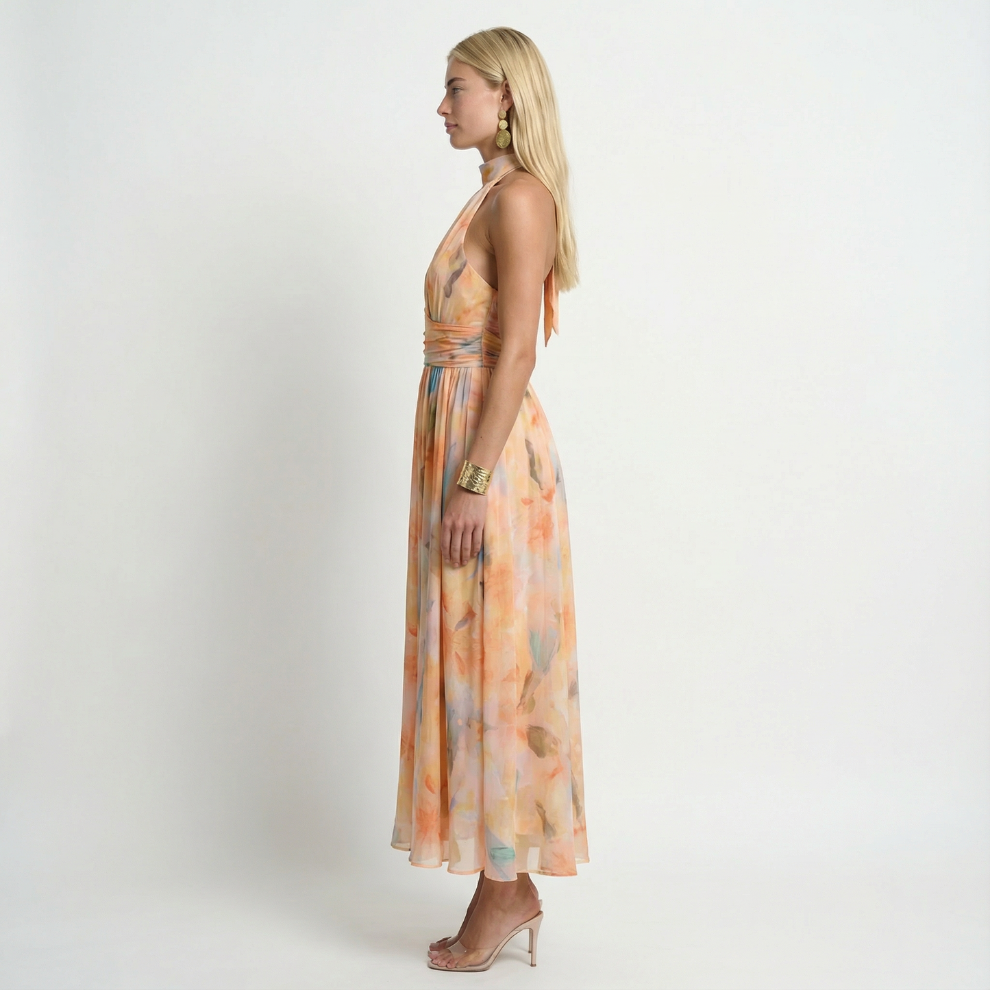 Watercolour Print Halter Maxi Dress Open Back Summer Holiday