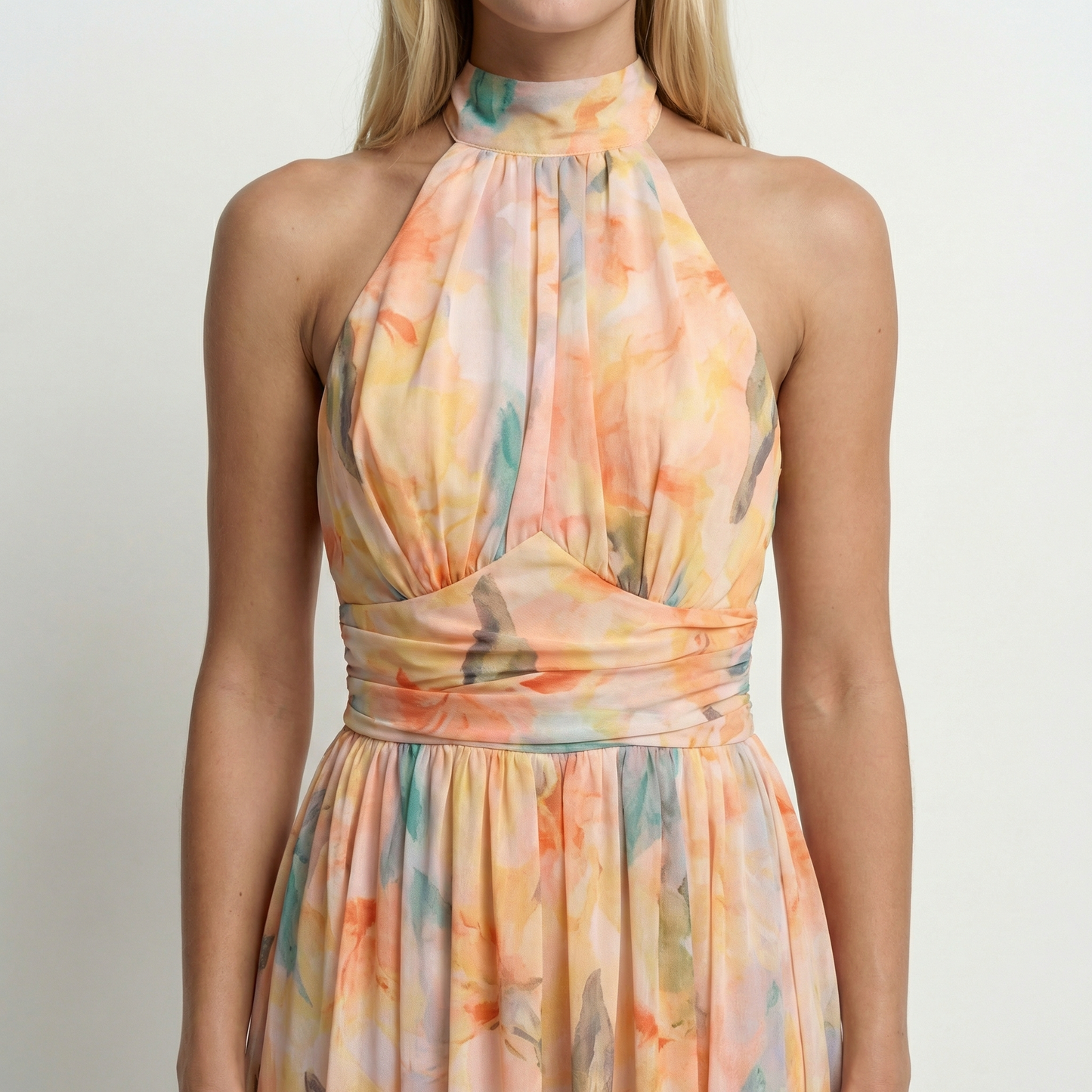 Watercolour Print Halter Maxi Dress Open Back Summer Holiday