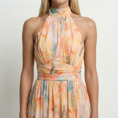 Watercolour Print Halter Maxi Dress Open Back Summer Holiday