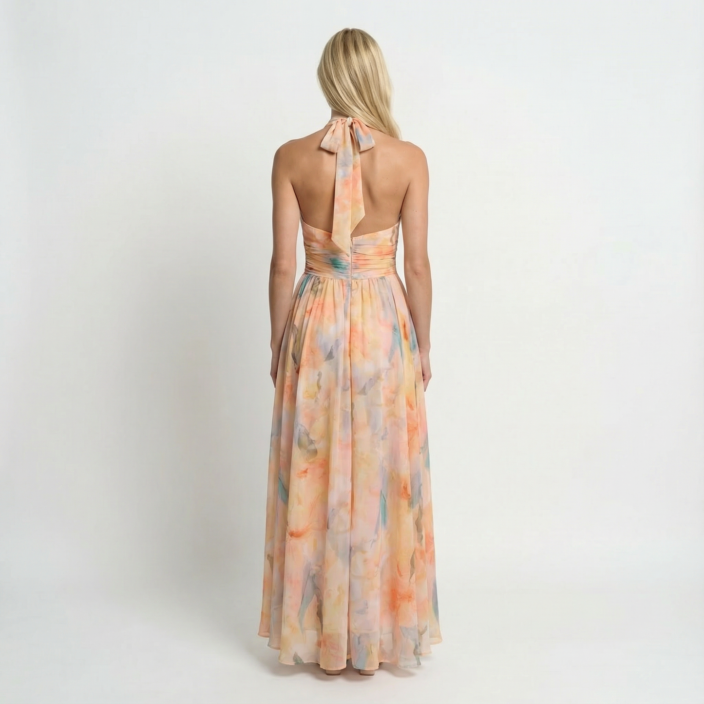 Watercolour Print Halter Maxi Dress Open Back Summer Holiday