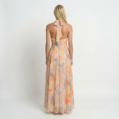 Watercolour Print Halter Maxi Dress Open Back Summer Holiday
