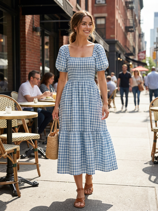 Marienn - Womens Midi Dress Puff Sleeve Summer Casual