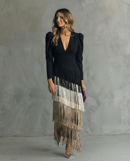 Linen Women's Elegant Fringe Sleeve Midi Dress