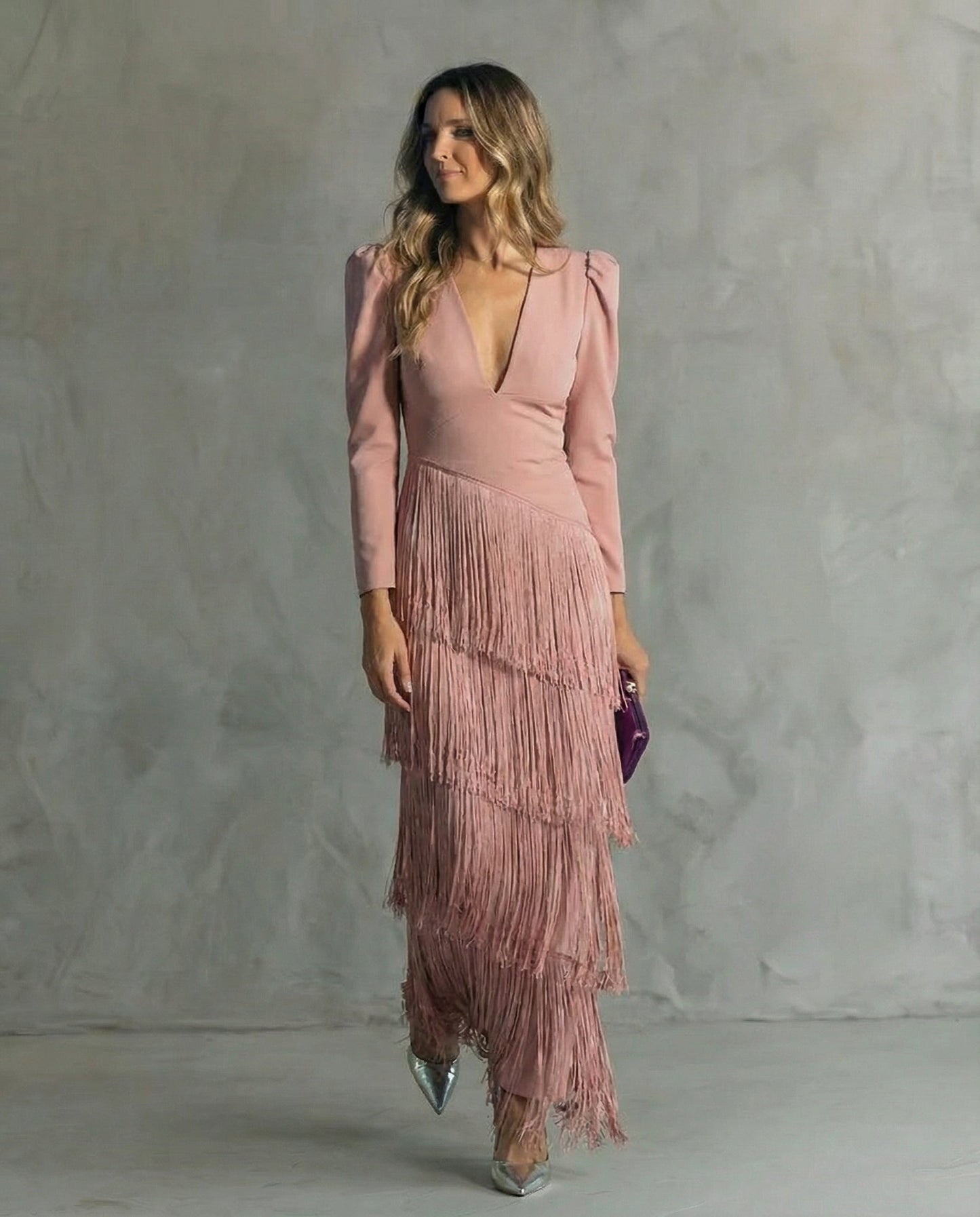 Vestido mujer midi elegante con flecos – vestido manga larga sofisticado
