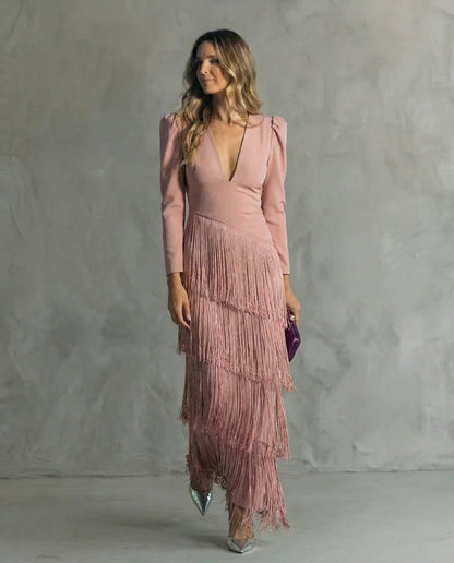 Clara™ | Elegante vestido midi con mangas de flecos